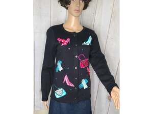 Jack B Quick Women S/P Black/Multi-Color Cardigan Sweater Applique Shoes Purses